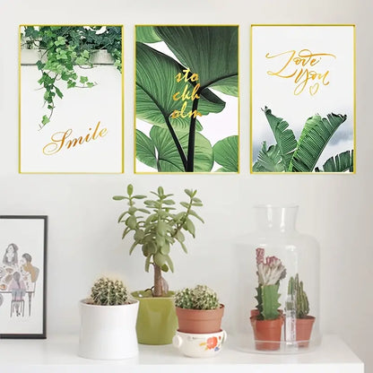 3 pcs Unframed Scandinavian Green Leaves Wall Art