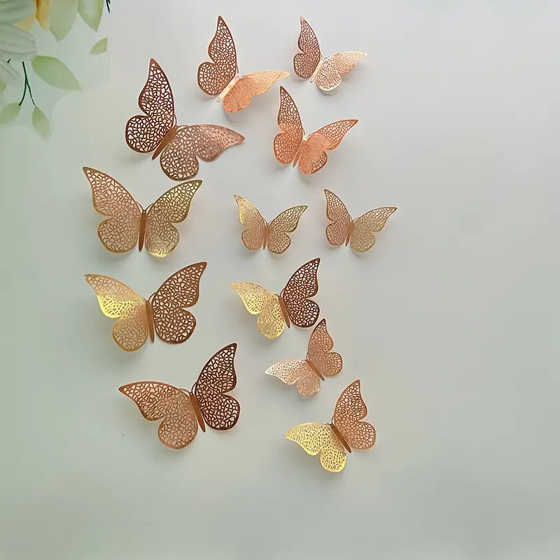 12 Golden 3D Butterfly Decals