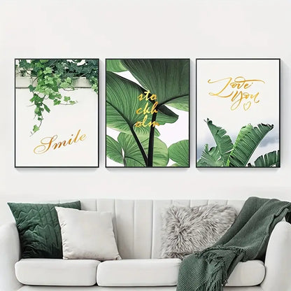 3 pcs Unframed Scandinavian Green Leaves Wall Art