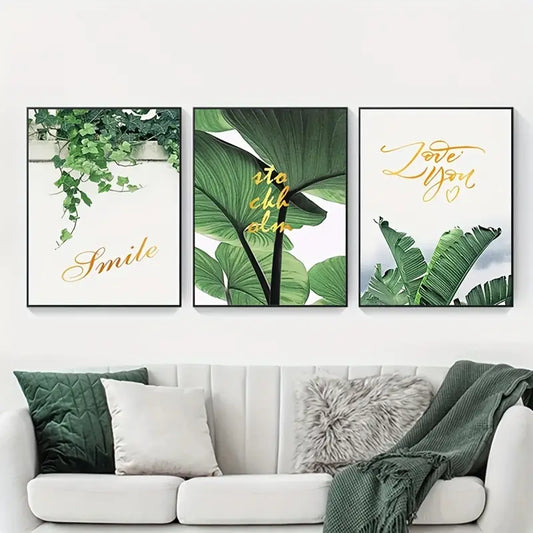 3 pcs Unframed Scandinavian Green Leaves Wall Art