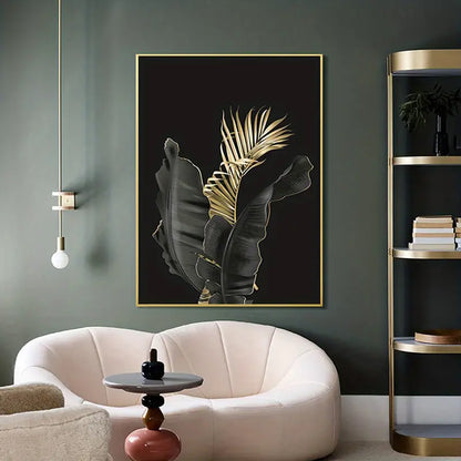Elegant Black & Gold Leaf Frameless Canvas Art