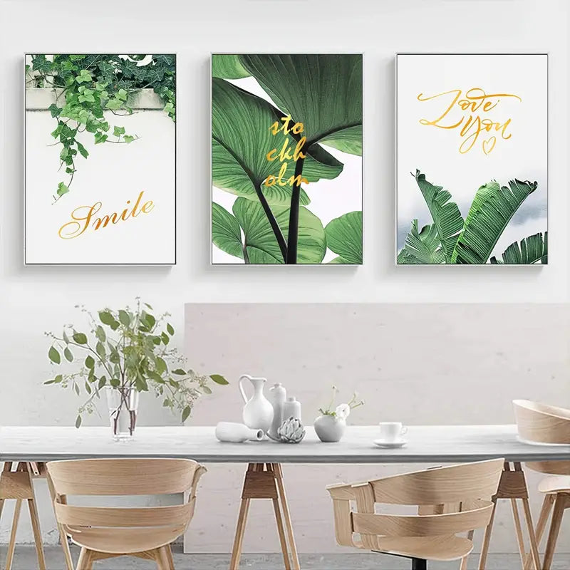 3 pcs Unframed Scandinavian Green Leaves Wall Art