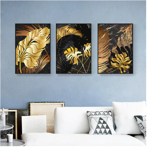 3 Pcs Golden Leaf Trio Frameless Canvas Art