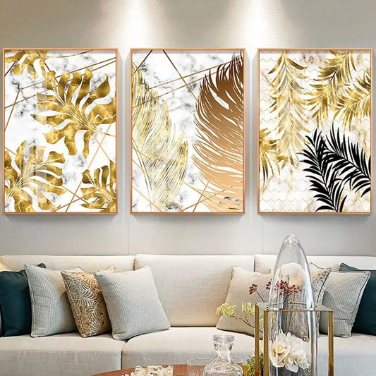 3 Pcs Golden Leaf Abstract Trio Wall Art
