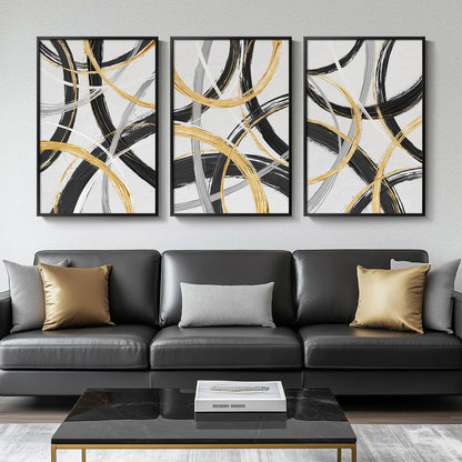 Framed Abstract Trio Canvas Art 24x36 - Black, White & Gold