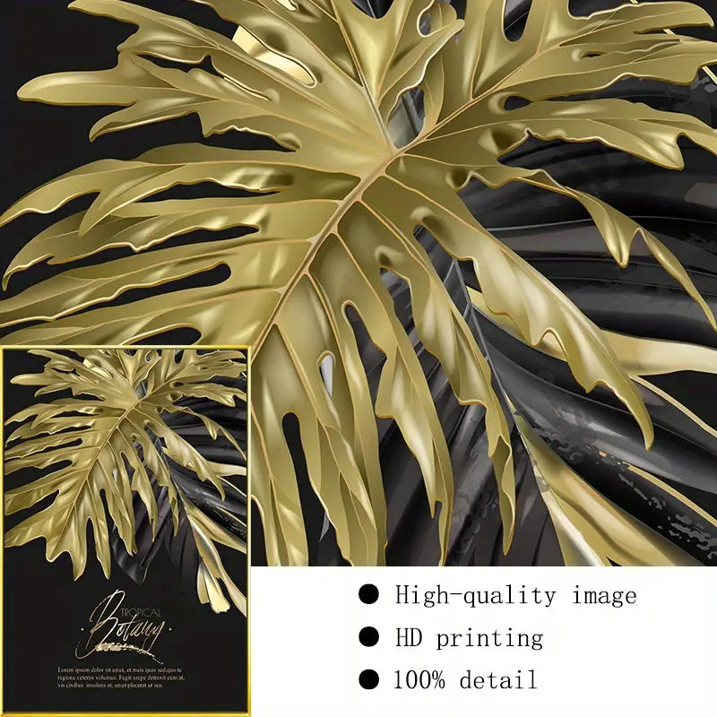 Elegant Black & Gold Leaf Frameless Canvas Art