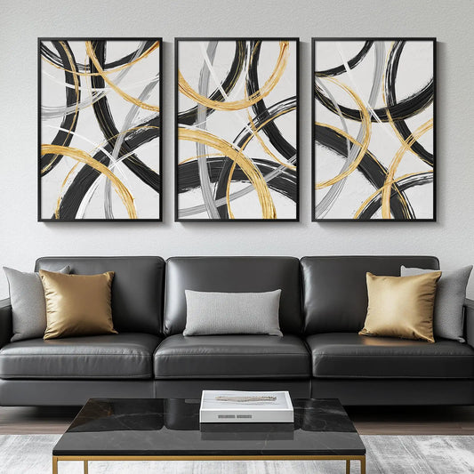 Framed Abstract Trio Canvas Art 24x36 - Black, White & Gold