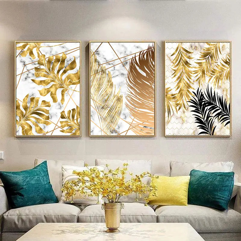 3 Pcs Golden Leaf Abstract Trio Wall Art