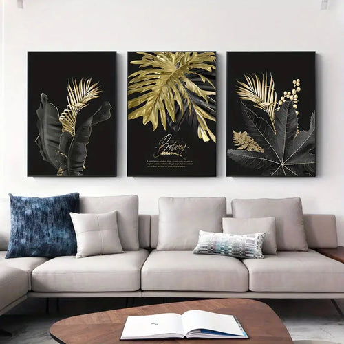 Elegant Black & Gold Leaf Frameless Canvas Art