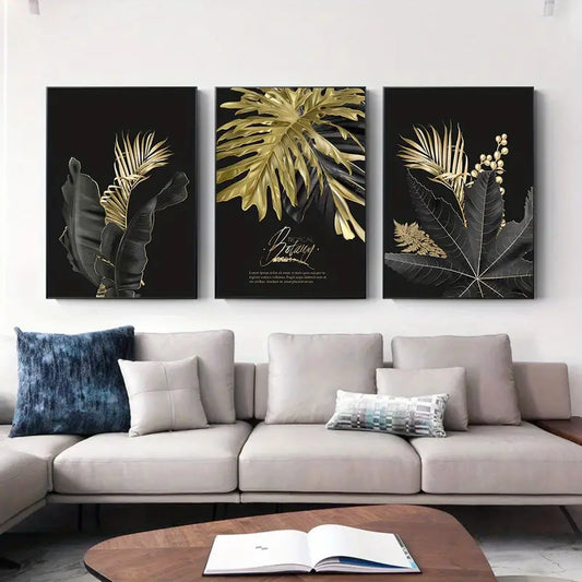 Elegant Black & Gold Leaf Frameless Canvas Art