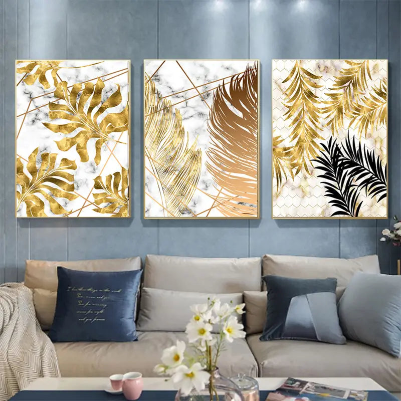 3 Pcs Golden Leaf Abstract Trio Wall Art