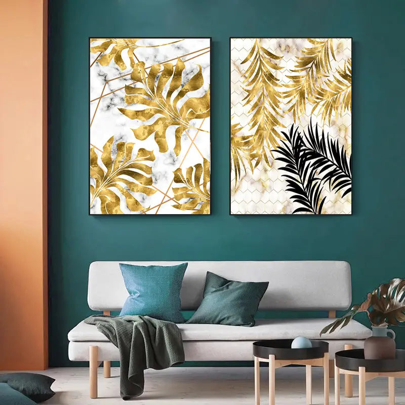 3 Pcs Golden Leaf Abstract Trio Wall Art