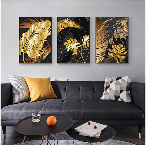 3 Pcs Golden Leaf Trio Frameless Canvas Art