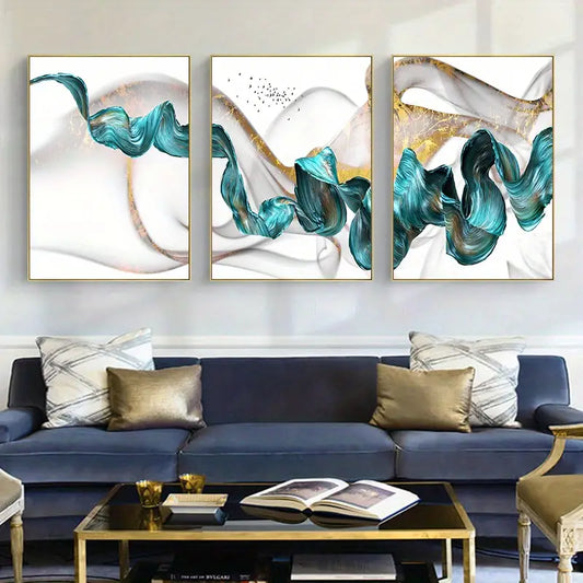 3pcs Abstract Blue Ribbon Frameless Canvas Art for Home Decor