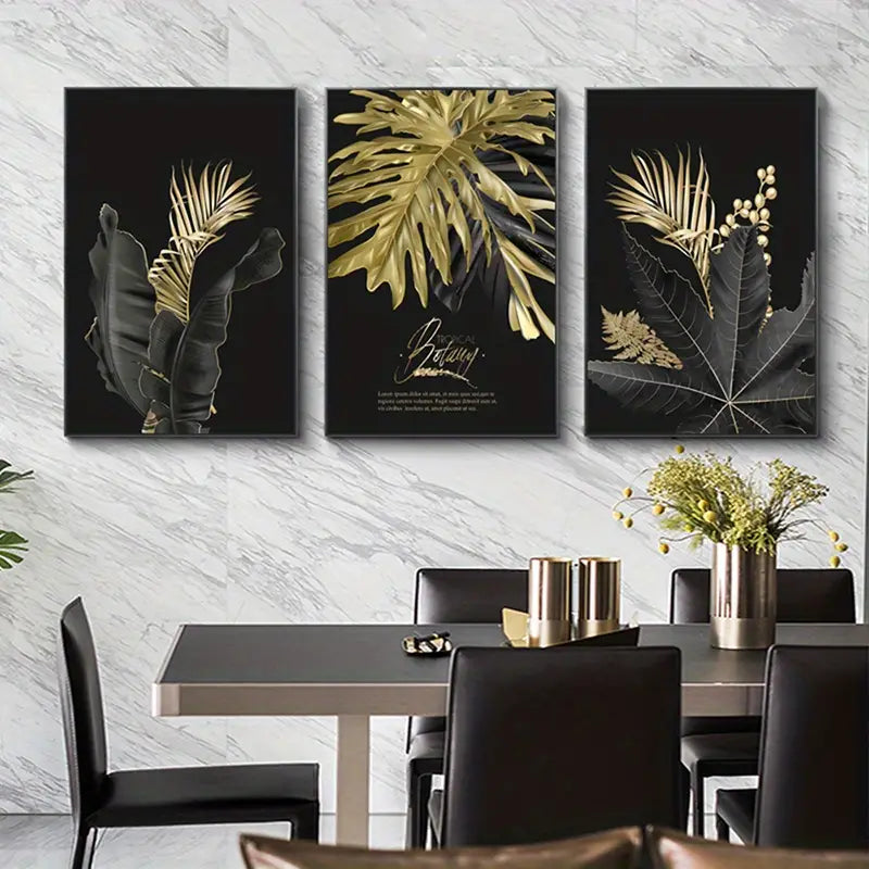 Elegant Black & Gold Leaf Frameless Canvas Art