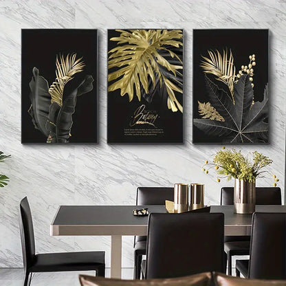 Elegant Black & Gold Leaf Frameless Canvas Art