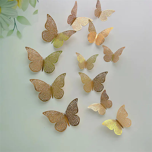 12 Golden 3D Butterfly Decals