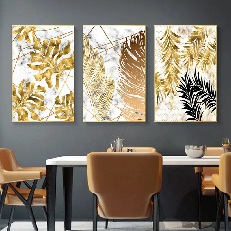 3 Pcs Golden Leaf Abstract Trio Wall Art