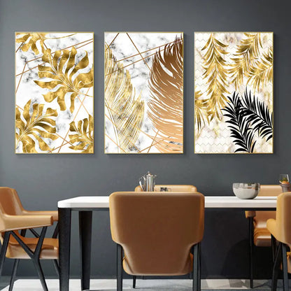 3 Pcs Golden Leaf Abstract Trio Wall Art