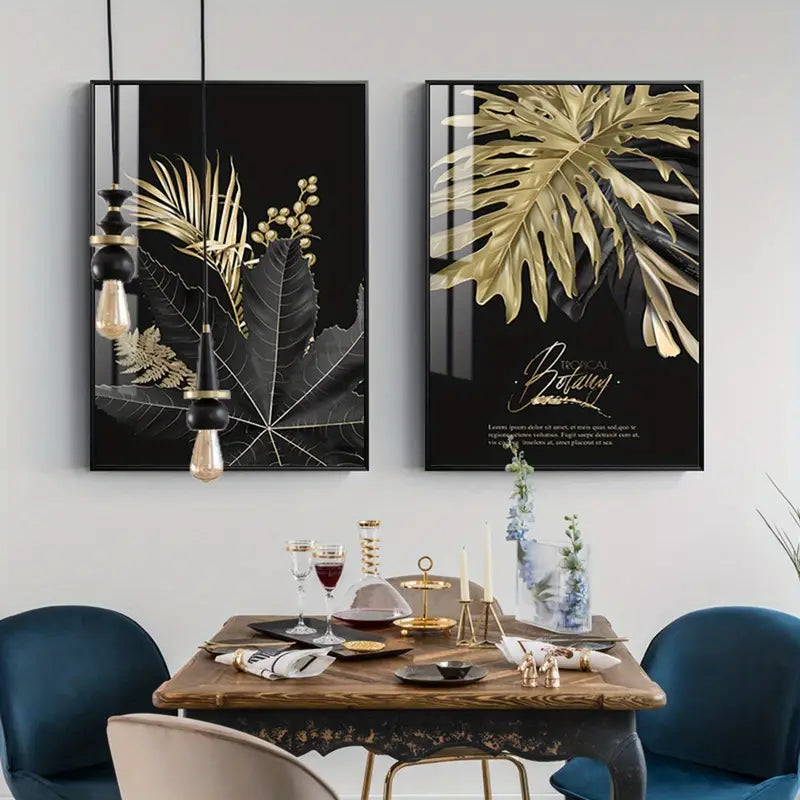 Elegant Black & Gold Leaf Frameless Canvas Art