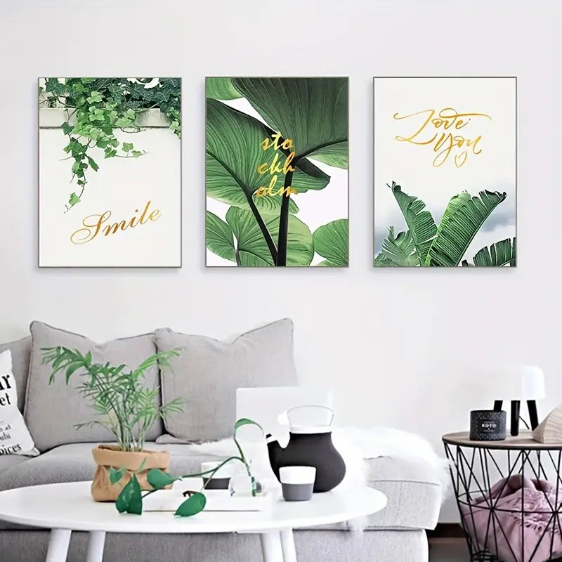3 pcs Unframed Scandinavian Green Leaves Wall Art