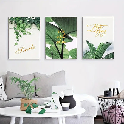 3 pcs Unframed Scandinavian Green Leaves Wall Art
