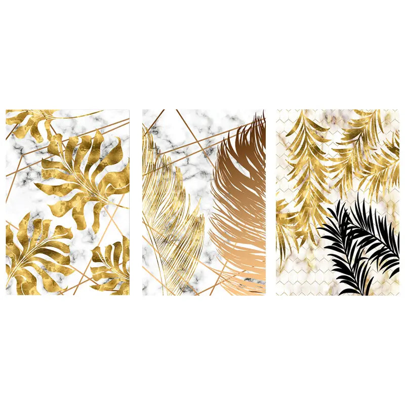 3 Pcs Golden Leaf Abstract Trio Wall Art