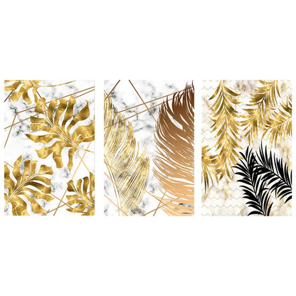 3 Pcs Golden Leaf Abstract Trio Wall Art